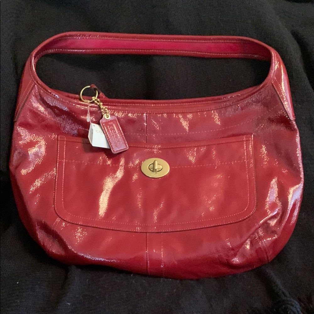 Coach Red Leather Hobo Bag with Gold Accents